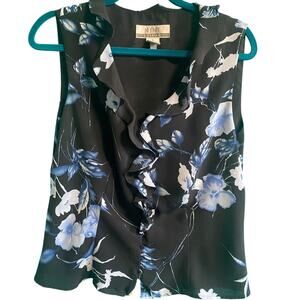 Vintage Nine and Company Navy Floral Ruffle Crinkle Sleeveless Blouse Women's 10